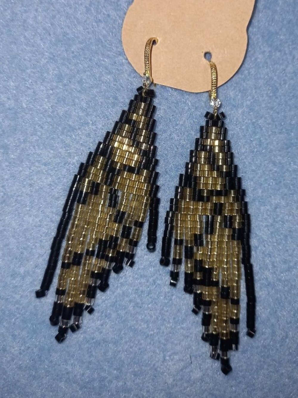 Small Butterfly Wing Beaded Fringe Earrings Black Gold 9cm 18K CZ